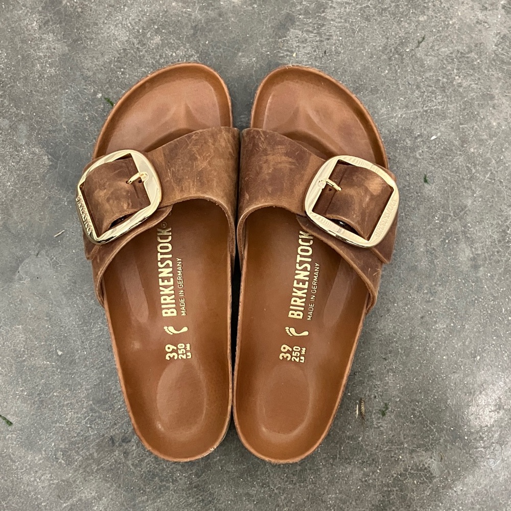Birkenstock Tan Sandals with Gold Buckles